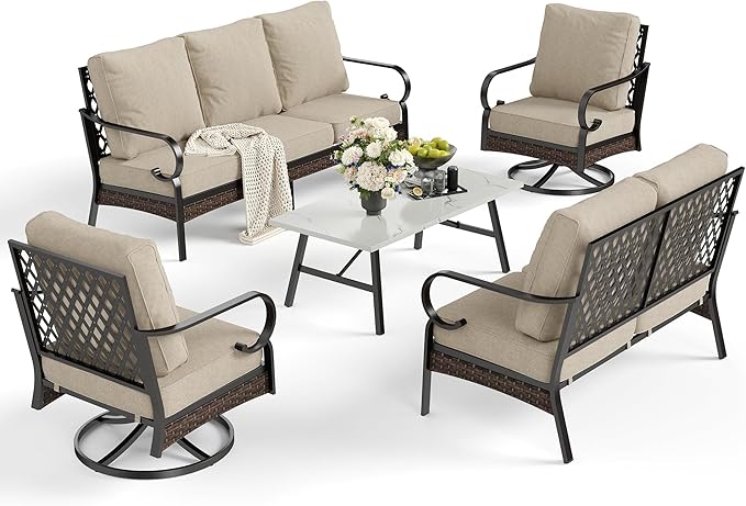 5 Piece Metal Outdoor Patio Furniture Set, Patio Conversation Sets 3-Seater Sofa, 2-Seater Sofa, 2 Swivel Chair with 5.75" Thick Cushion & Coffee Table Black Backyard Furniture, Beige