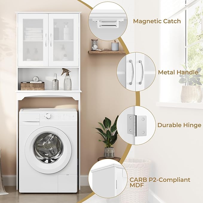 Yaheetech Over The Toilet Storage Cabinet with Double Tempered Glass Doors and Adjustable Shelf, Freestanding Bathroom Storage Rack, 66 Inches Height