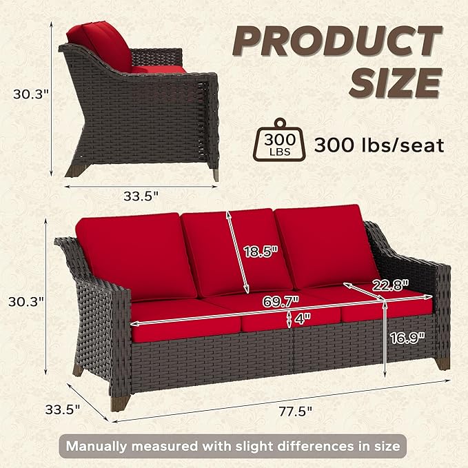 77'' Patio Sofa, All Weather Outdoor Rattan Wicker 3-Seat Sofa High Back Couch with Premium Cushions for Garden Backyard Porch(Brown/Red)