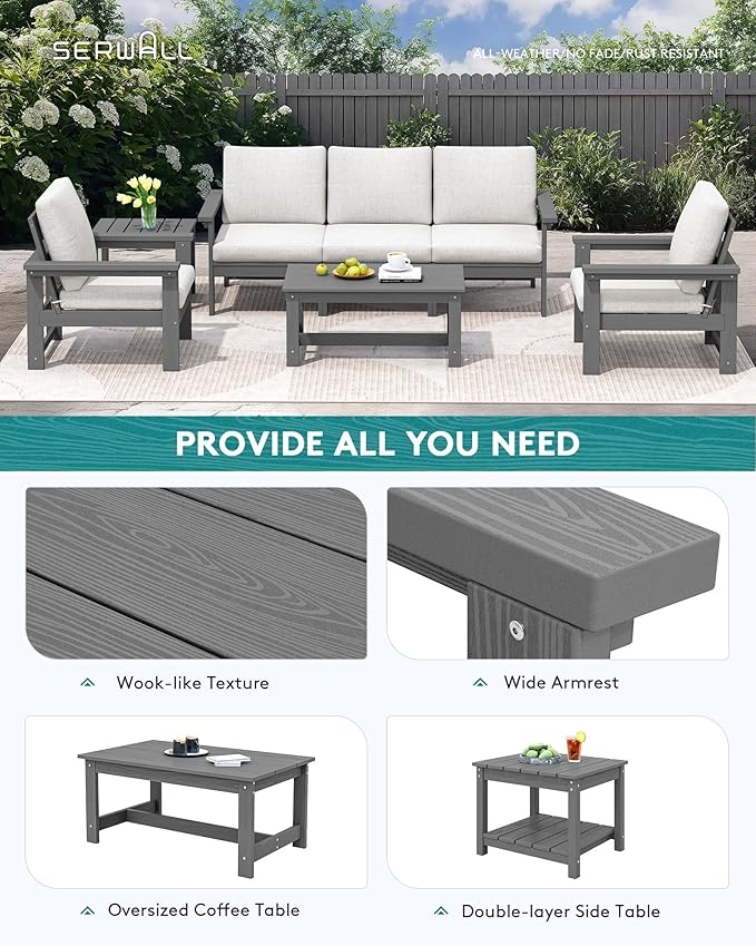 SERWALL HDPE Patio Furniture Set, 7-Piece Outdoor Sectional Sofa Set, All Weather Outdoor Couch Set for Deck, Lawn, Grey Frame with Khaki Cushion