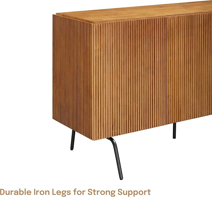 NTC Veil Modern Sideboard with 3 Doors, Buffet Cabinet with Vertical Groove Design and Metal Legs, Storage Cabinet for Living Room, and Hallway, Effortless Assembly, Teak Look