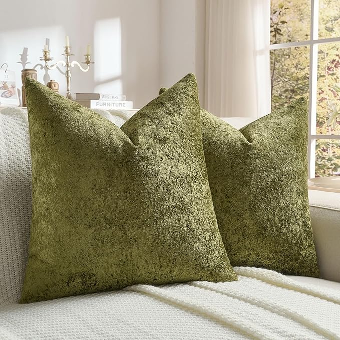 FUTEI Moss Green Flannel Throw Pillow Covers 18x18 Inch Set of 2,Soft Dimensional Textured Cushion Cases,Modern Home Decor for Couch Living Room