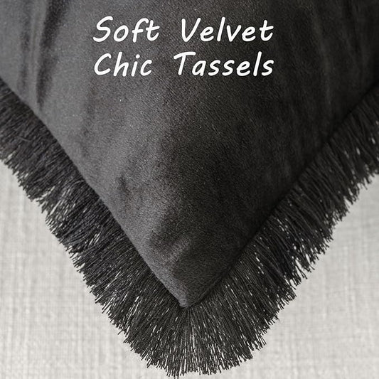 FUTEI Black Velvet Decorative Throw Pillow Covers 18x18 Set of 2,Soft Cozy Edge with Tassels Cushion Case,Boho Modern Home Decor for Couch Bed Living Room