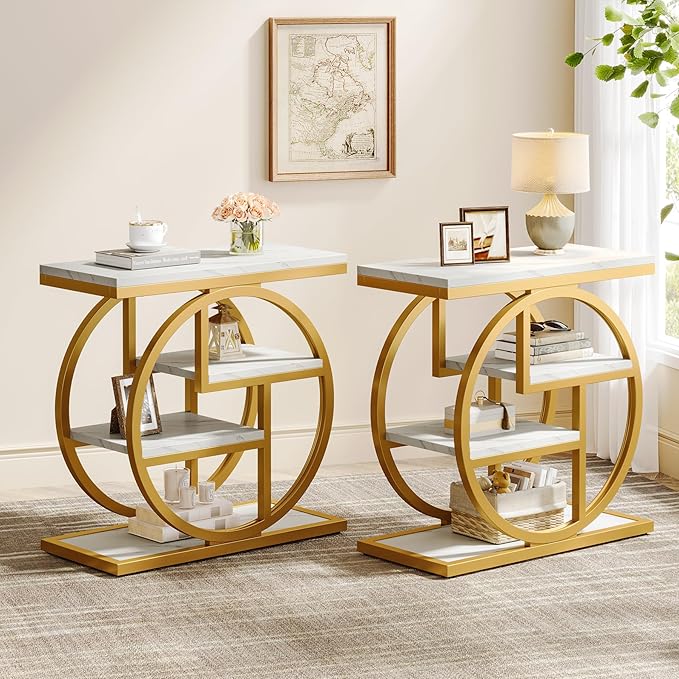 Tribesigns End Table Set of 2, Narrow Faux Marble Side Table with Storage Shelves, 4-Tier Modern Skinny Sofa Side Table with Geometric Metal Frame for Bedroom, Living Room, White & Gold