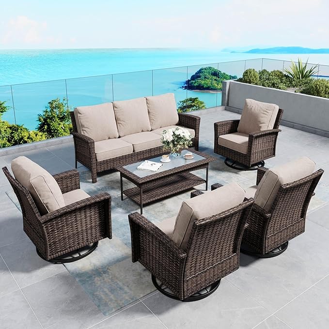 6 Pieces Patio Furniture Set with Swivel Chairs, High Back Wicker Rattan Sofa with Extra Thick Cushion and Coffee Table, Outdoor Conversation Set for Garden Backyard Deck,Beige