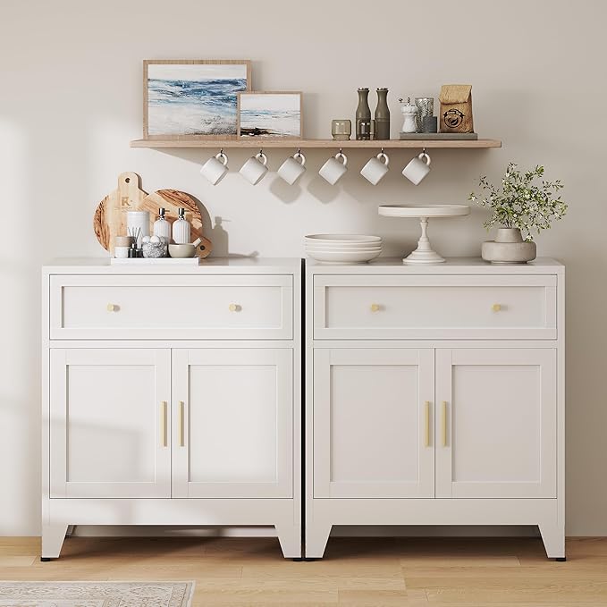 Metal Buffet Cabinet,White Coffee Bar Cabinet,Small Buffet Sideboard Cabinet,Coffee Cabinets with Storage,Short Kitchen Pantry Cabinets for Dining Room,Living Room