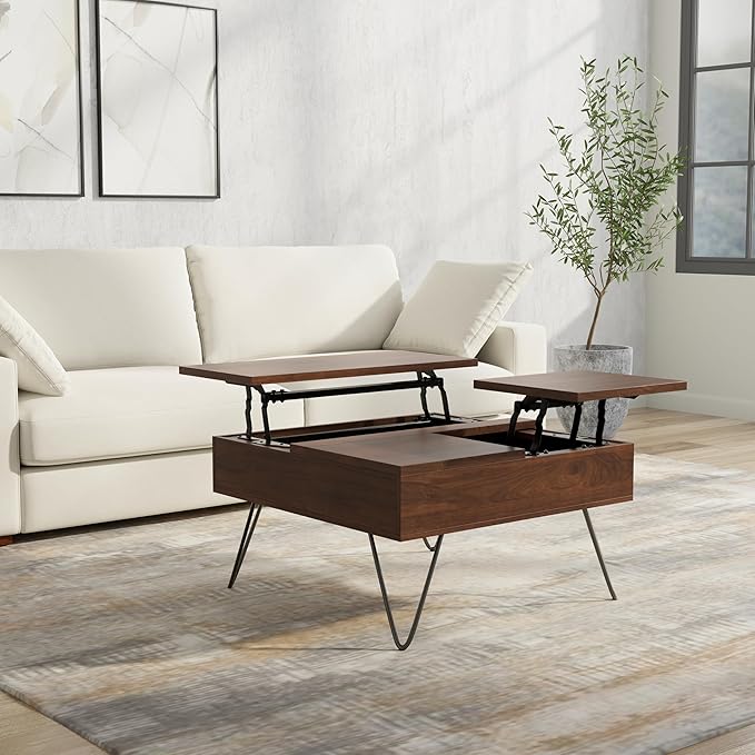 SIMPLIHOME Hunter Lift Top Coffee Table - 32 inch Wide Solid Walnut Veneer and Metal Industrial Square Cocktail Table, Living Room Table with Dual Lift Tops, Hidden Storage and Hairpin Legs