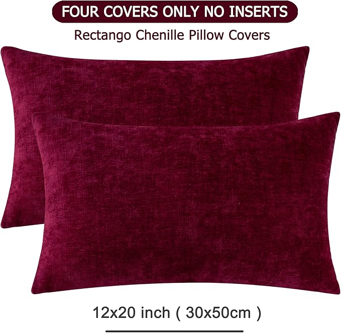 GAWAMAY Lumbar Decorative Throw Pillow Covers 12"x20" Inch Set of 2, Super Soft Chenille Rectangle Pillowcase for Living Room Bedroom Sofa Couch Cushion Pillow Cover Burgundy Red 30x50cm (ONLY COVERS)