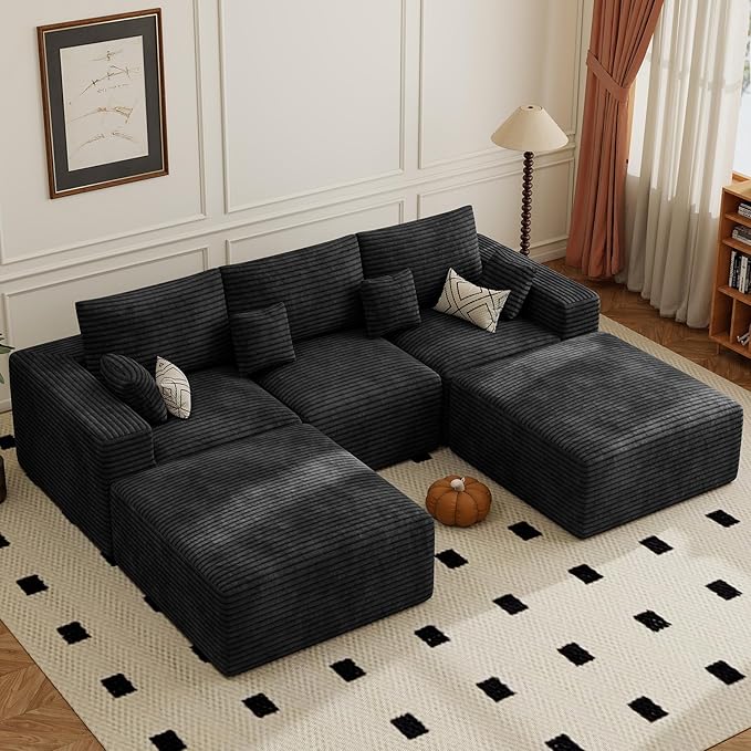 113" Modular Sectional Sofa, Convertible U-Shaped Cloud Couches for Living Room with Ottoman, 5 Seater Corduroy Boneless Couch Sofa Set, No Assembly Required, Black 1 PCS