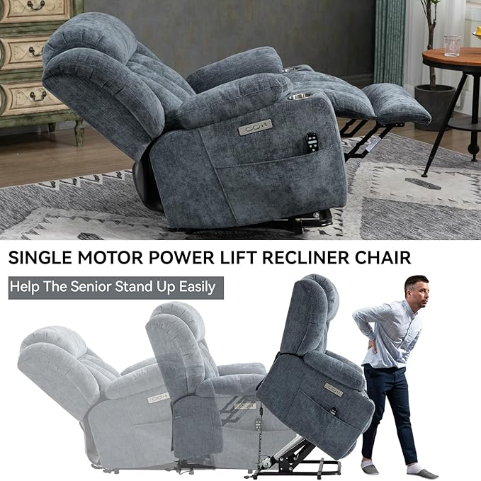Power Lift Recliner Chair, 350lb Capacity with 8-Point Massage & Heating, USB/Type-C Ports & Cup Holders, Heavy Duty Chenille Recliner for Elderly, Blue Grey