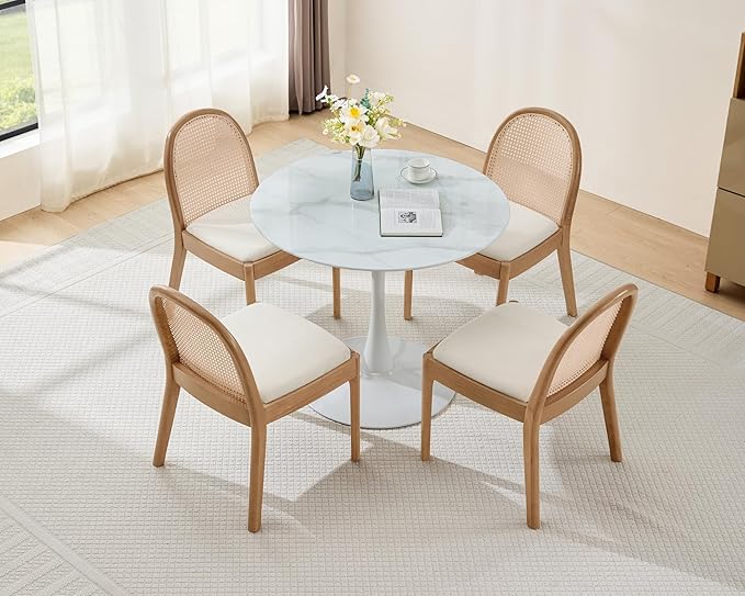 Upholstered Wooden Dining Chairs Set of 4, Farmhouse Kitchen & Dining Room Chairs with Cane Back, Accent Rattan Dining Table Chairs Sherpa Seat for Kitchen/Restaurant/Living Room, White