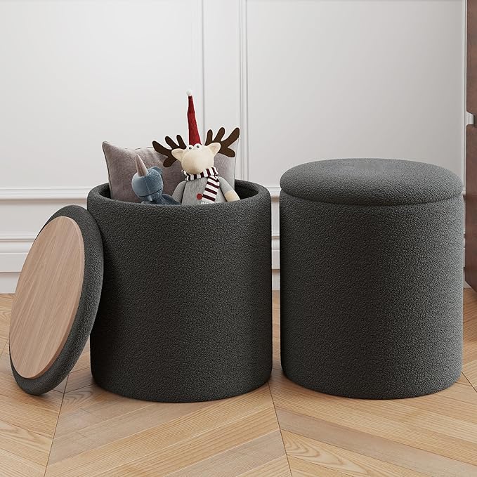 Ottoman Poufs with Storage, Set of 2 Soft Upholstered Vanity Stool,Multifunctional Ottomans Coffee Table Padded Seat Foot Rest for Living(Black, Pack of 2)