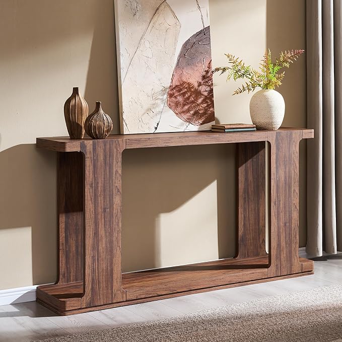 OKD 63 Inch Modern Entryway Console Table, 2-Tier Long Sofa Table Behind Couch with Curved Edge, Wood Farmhouse Narrow Entry Table for Hallway, Living Room, Foyer, Entrance, Rustic Walnut