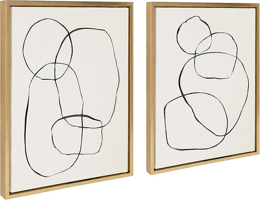 Kate and Laurel Sylvie Modern Circles and Going in Circles Framed Linen Textured Canvas Wall Art by Teju Reval, 2 Piece 18x24 Gold Abstract Wall Decor