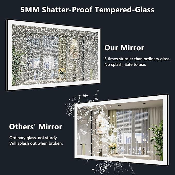 40x36 Inch LED Bathroom Mirror with Lights (Front Lit and Backlit) Black Framed Lighted Vanity Mirror for Bathroom Wall Dimmable Anti-Fog Memory Tempered Glass Horizontal/Vertical