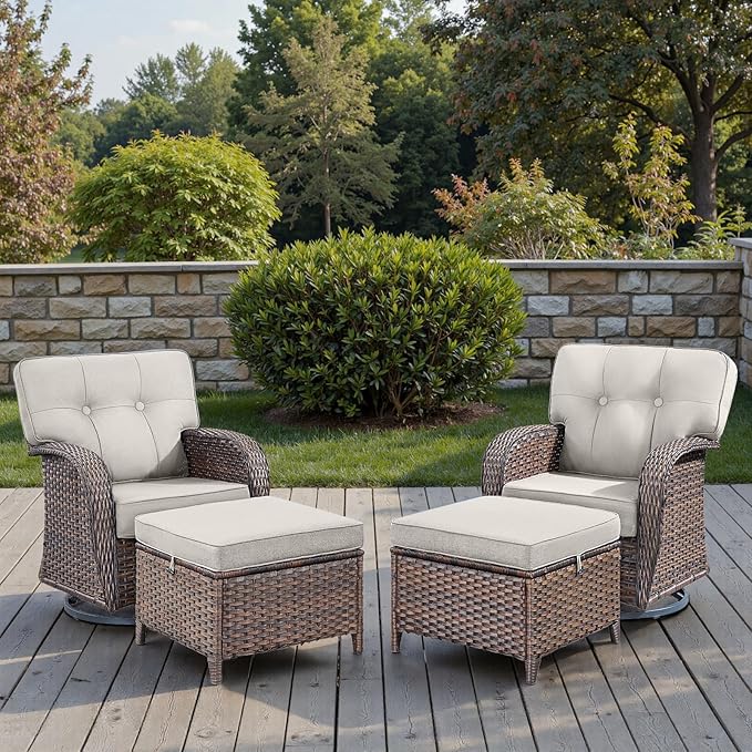 4-Piece Rotating Balcony Chair Set with 31-inch T-Shaped Wide backrest - Rattan Outdoor Rotating Balcony Chairs, Wide backrest Comfortable Outdoor Sliding Chair - Brown Rattan | Beige Cushions