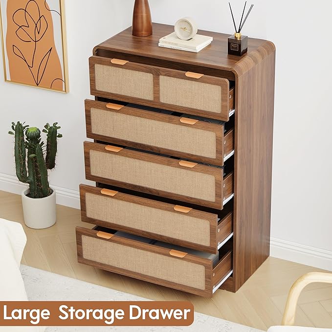 43" Tall Dresser for Bedroom, 5 Drawer Mid Century Modern Dresser with Natural Linen, Curved Wood Chest of Drawers Closet Clothes Storage Organizer for Living Room, Hallway (Walnut)