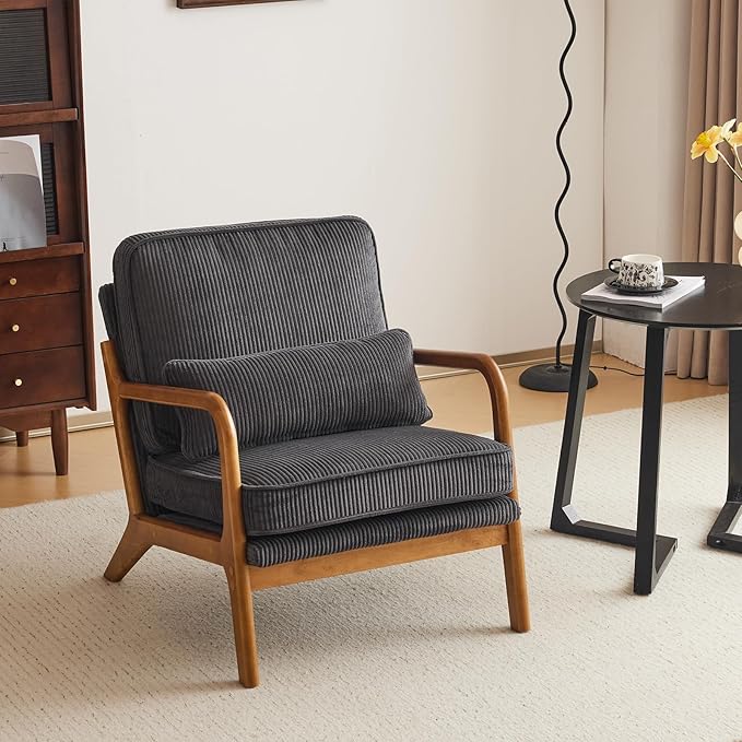 Karl home Mid-Century Modern Accent Chair, Living Room Chairs with Pillow Corduroy Upholstered Lounge Armchair with Solid Wood Frame & Soft Cushion for Bedroom, Reading Room, Dark Gray