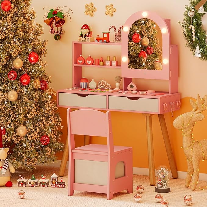 Costzon Kids Vanity with Lights, Girls Vanity Set with Mirror Cabinet, Storage Drawers, Hooks & Shelves, Toddler Makeup Vanity Desk Dressing Table, Wooden Kids Vanity Table and Chair Set (Pink)