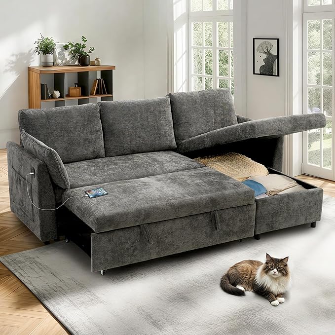 FLEXISPOT XB5 78" Pull Out Couch Bed with Storage Chaise,3-Seater Sectional Sofa Bed with USB Charging Ports, 2-in-1 Convertible Sofa Couch for Living Room Apartment, Easy to Assemble(Gray)