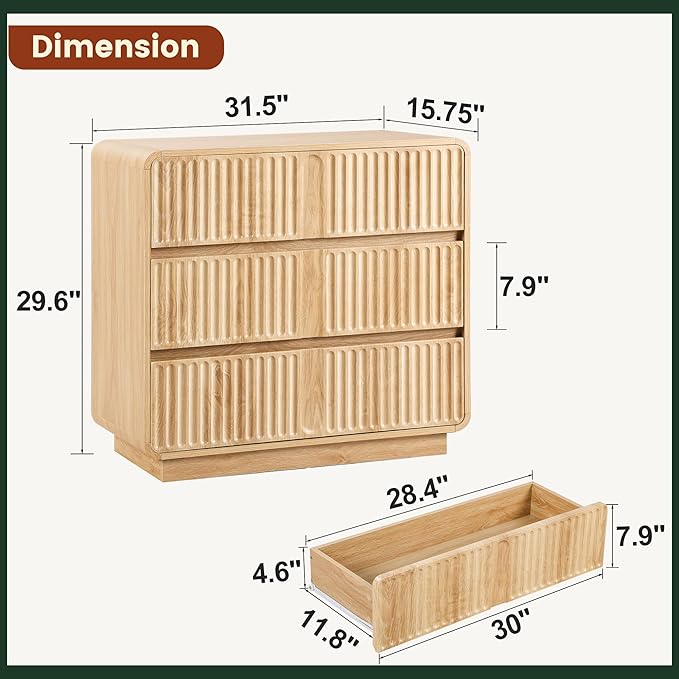 Turtle&Myrtle Fluted 3 Drawer Dressers for Bedroom, 31.5" Wide Large Mid Century Modern Nightstand W/3 Storage Drawers, Wood Dresser & Chest of Drawers with Curved Profile for Living Room (Natural)