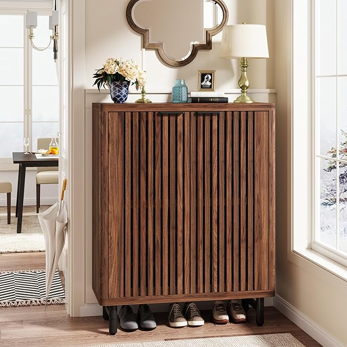 Tribesigns 6-Tier Shoe Cabinet with Shutter Doors, Large Wooden Shoe Organizer Rack with Adjustable Shelves, Modern Farmhouse Hidden Storage Furniture for Entryway, Hallway (Walnut)