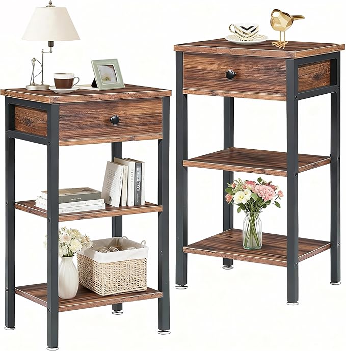 VECELO 27.5" Tall End Tables, Nightstands with Adjustable Shelf and Bin Drawer for Living Room/Bedroom,Set of 2