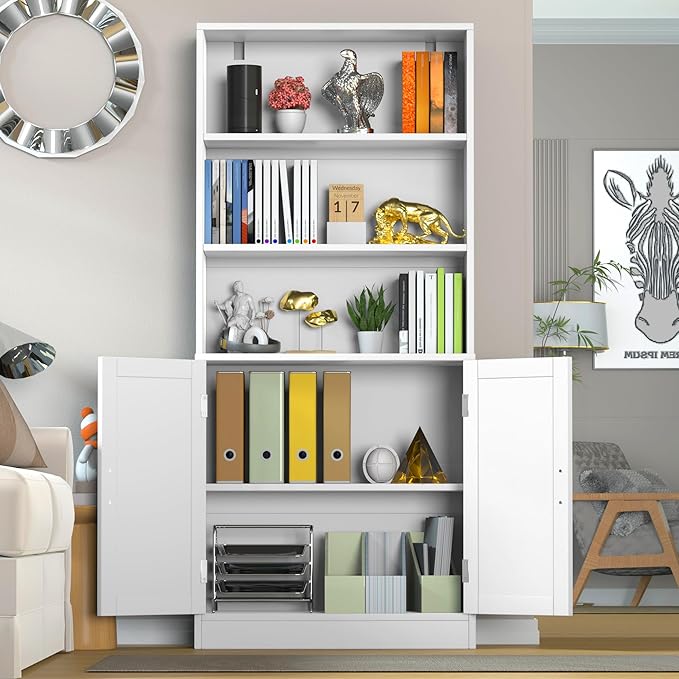 75" Tall Bookcase with Doors, 5 Tier Large Bookshelf with Cabinet, Standing Wood Display Book Shelf for Living Room, Office, Library with Doors, White