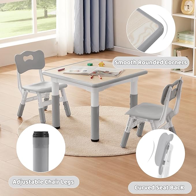 Adjustable Kids Table Chairs Set – Graffiti Desktop, Multi-Activity Height-Adjustable Toddler Study Desk for Ages 3-8 – Ideal for Home, Classroom, Daycare (W-Gray, 2 Chairs-23.6" L x 23.6" W)