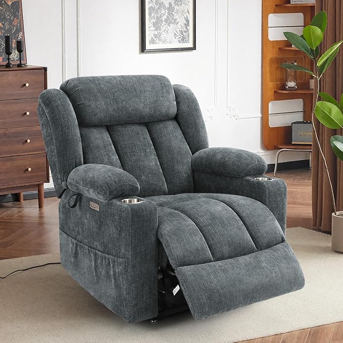 Large Power Lift Recliner Chair, Heavy Duty Steel Mechanism Chenille Fabric High-Density Sponge, USB & Type-C Port Standing Assistance Blue Reclining Chair with Massage and Heat