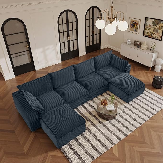 108" Sectional Couches for Living Room Boneless Couch Upholstered Cloud Couch Sectional Modular Sectional Sofa with L Shaped (Corduroy-Blue, 4 Seat+2 Ottoman)