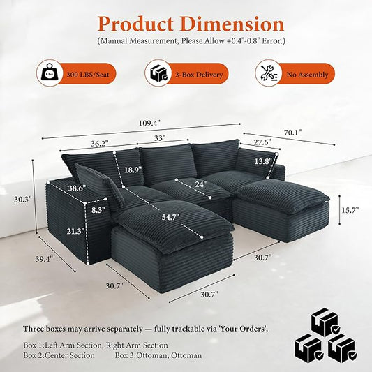 108" Sectional Couches for Living Room Boneless Couch Upholstered Cloud Couch Sectional Modular Sectional Sofa with L Shaped (Corduroy-Blue, 3 Seat+2 Ottoman)
