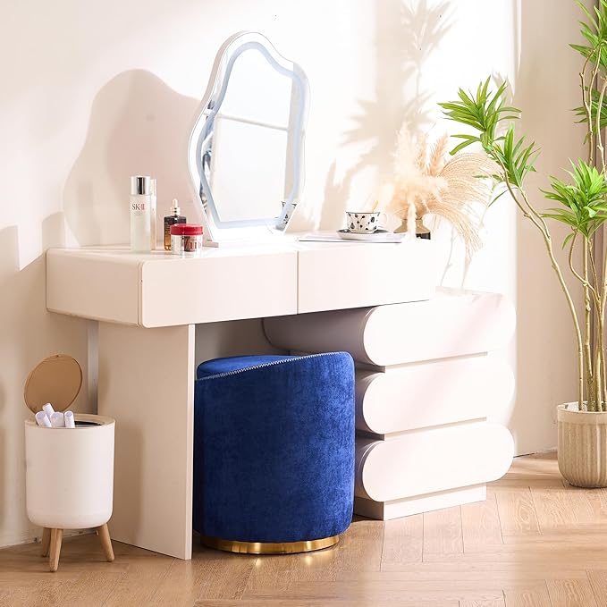 Swivel Vanity Stool with Back Comfy Vanity Chair with Gold Base Modern Round Stool for Makeup Vanity Ottoman Foot Rest for Bedroom livingroom (Navy)