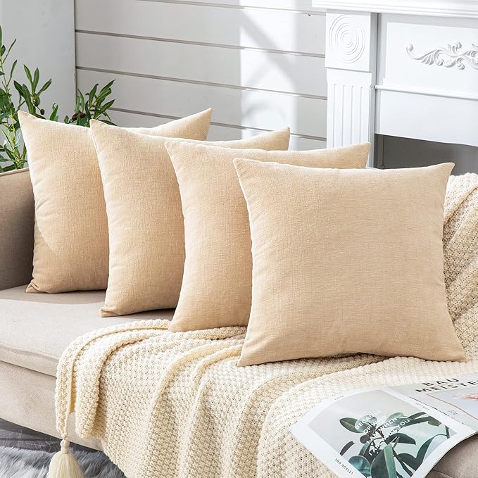 GAWAMAY Decorative Square Throw Pillow Covers 18"x18" Inch Set of 4, Super Soft Chenille Pillows Farmhouse Fall Pillowcase for Living Room Bedroom Sofa Couch Cushion Cover Beige 45x45cm (No Insert)
