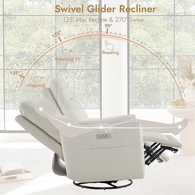 Watson & Whitely Power Recliner Chairs for Adults, Swivel Rocker Recliner Chair with Charging Ports for Living Room, Faux Leather RC011 (Cream)