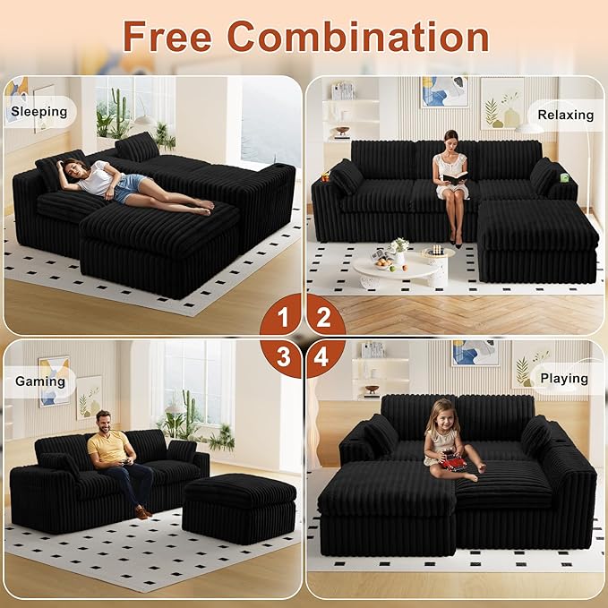 114" Cloud Boneless Sectional Couches for Living Room, Modular Sectional Sofa with Cup Holder, Cozy Fluffy L Shaped Deep Seat Boneless Couch with Storage Pocket, No Assembly Required, Black