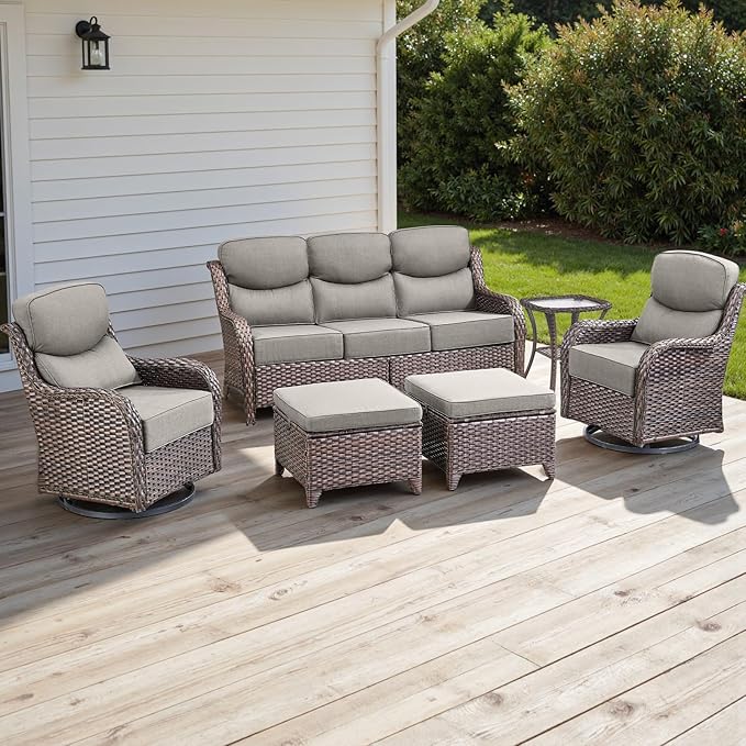 Rilyson Wicker Outdoor Patio Furniture Set - 6 Piece Patio Conversation Sets with Swivel Rocker Chairs, Ottomans, Sofa and Side Table, 6 inch Cushions, Waterproof Wicker, for Porch Deck Brown/Beige