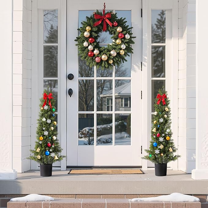 VEVOR Artificial Cedar Topiary Trees, 36 inch 2 Set Faux Pine Shrubs Plants, Fake Silk Tree Look Real, Easy Assembly for Decor Front Porch Outdoor Patio Garden Balcony Backyard Indoor Office(3FT