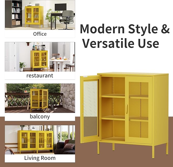 Metal Storage Cabinet with Mesh Doors,Steel Display Cabinet with Adjustable Shelves,Metal Office Storage Locker for Home Office,Garage(Yellow, 40''H)