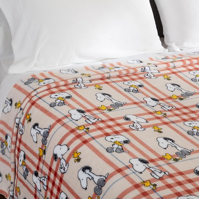 Berkshire Blanket Peanuts® VelvetLoft® Cute Character Snoopy Plush Blanket,Snoopy and Woodstock Wood Holiday Plaid Medium Tan,Full/Queen 90 in x 90 in (Official Peanuts® Product)