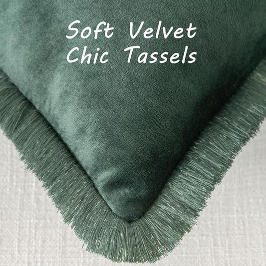 FUTEI Christmas Army Green Velvet Decorative Throw Pillow Covers 24x24 Set of 2,Soft Cozy Edge with Tassels European Cushion Case,Boho Modern Home Decor for Couch Bed Living Room