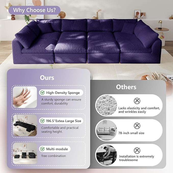 Boneless Cloud Couch Modular Sectional Sofa with Deep Seat for Living Room, L Shape Couch with Ottoman, Snowflake Cloth and 40D Memory Sponge,2 Throw Pillows (Purple, 6 Seater+2 Ottoman)
