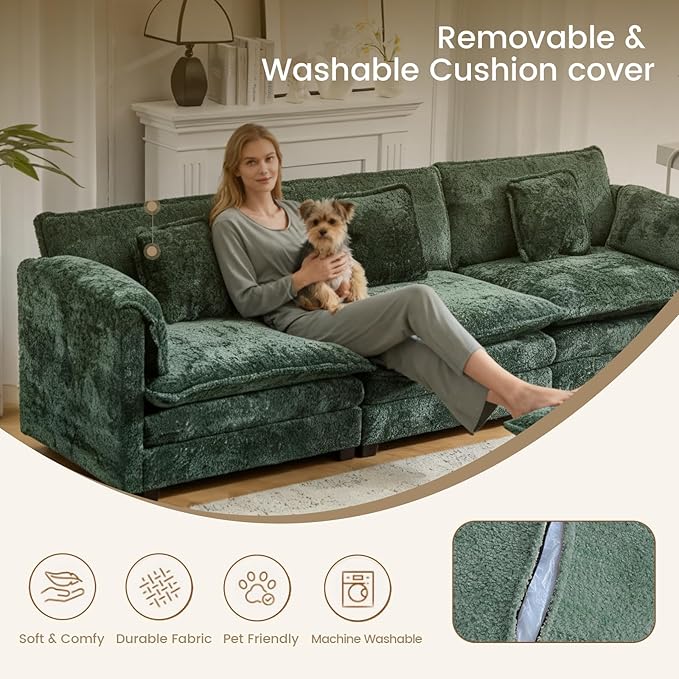 112" Modular Sectional Sofa with Movable Ottoman, L Shaped Couches for Living Room, 3 Seater Comfy Cloud Couch with Removable Cover, Armrest Pillow (Green)