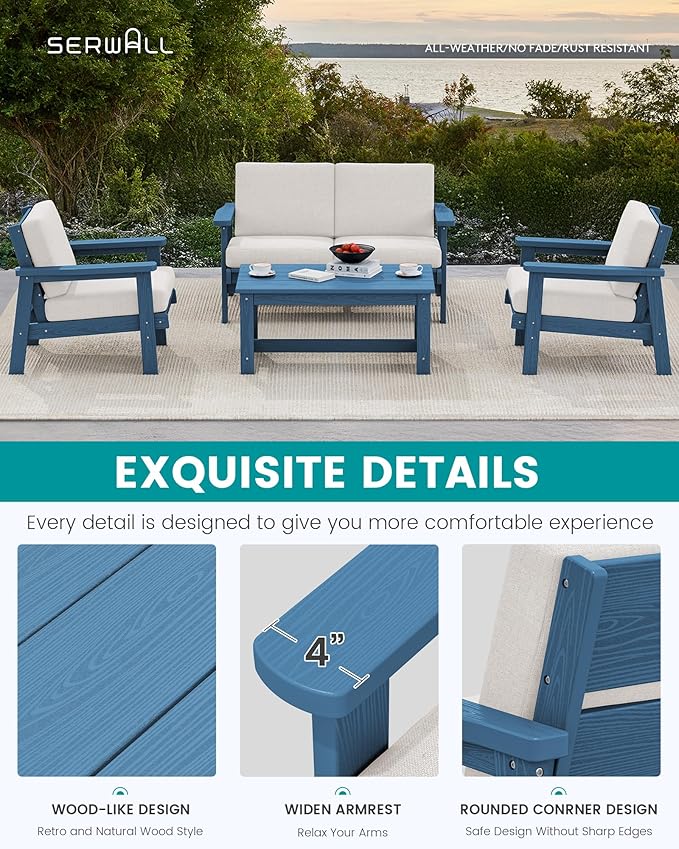 SERWALL HDPE Patio Furniture Set with 15FT Double Side Patio Umbrella, All Weather Wood-Like Outdoor Sofa Sectional Couch, Blue Patio Furniture with Khaki Cushions