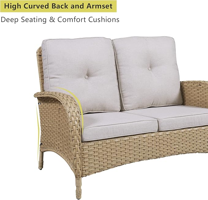 HUMMUH 4-Piece Patio Furniture Wicker Outdoor Conversation Set,All-Weather Rattan Outdoor Bistro Set with Loveseat Chairs Coffee Table for Backyard,Poolside,Deck