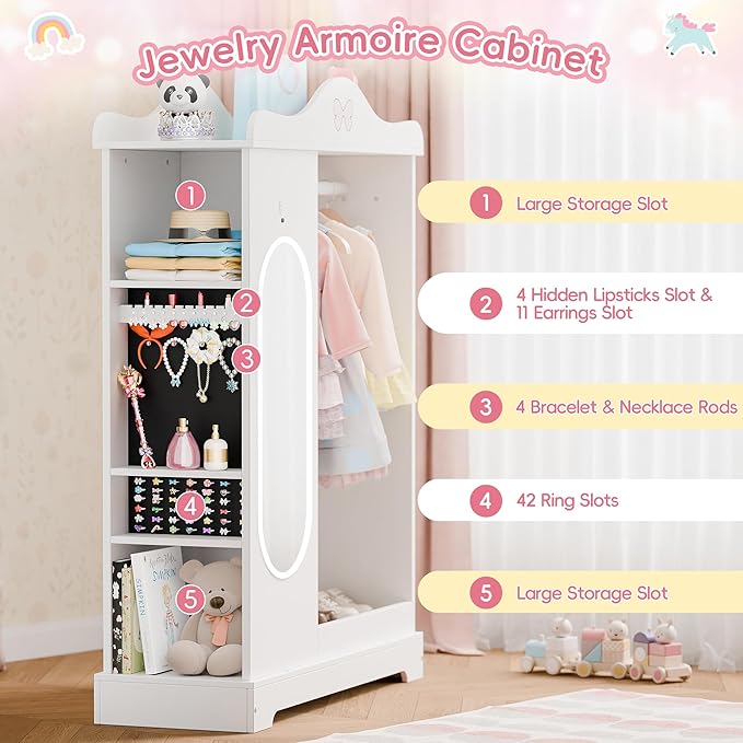 Xilingol Kids Armoire with a Jewelry Cabinet, Princess Dress Up Closet with Mirror, Kids Wardrobe Closet with Storage Shelves, Armoire Costume Organizer for Bedroom, Kids Room, Girl (White)