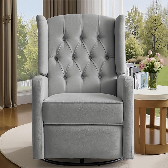 ABAKAN Swivel Rocker Recliner Chair, 360 Degree Nursery Rocking Recliner, Linen Glider Chair with Button Tufted Wingback Chair, for Living Room, Bedroom, Grey
