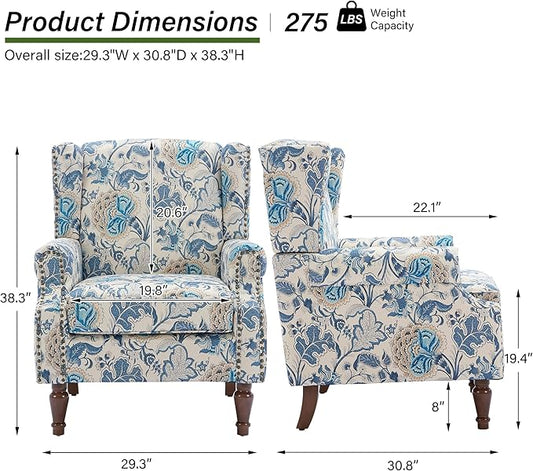 Accent Chair, Upholstered High Back Floral Armchair with Nailhead Trim & Wood Legs, Comfy Wingback Reading Single Sofa Chair for Small Spaces, Living Room, Bedroom ( Boho Blue Floral, Set of 2)
