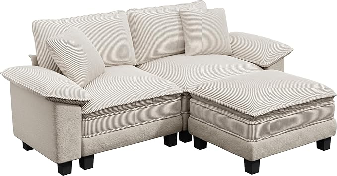 87-Inch L Shaped Sectional Sofa with Cloud Cushions, Deep Seat Modular Couch Set w/ 3 Seats & 1 Ottomans, Removable Arms, Chenille & Corduroy Upholstery for Living Room, Apartment - Beige