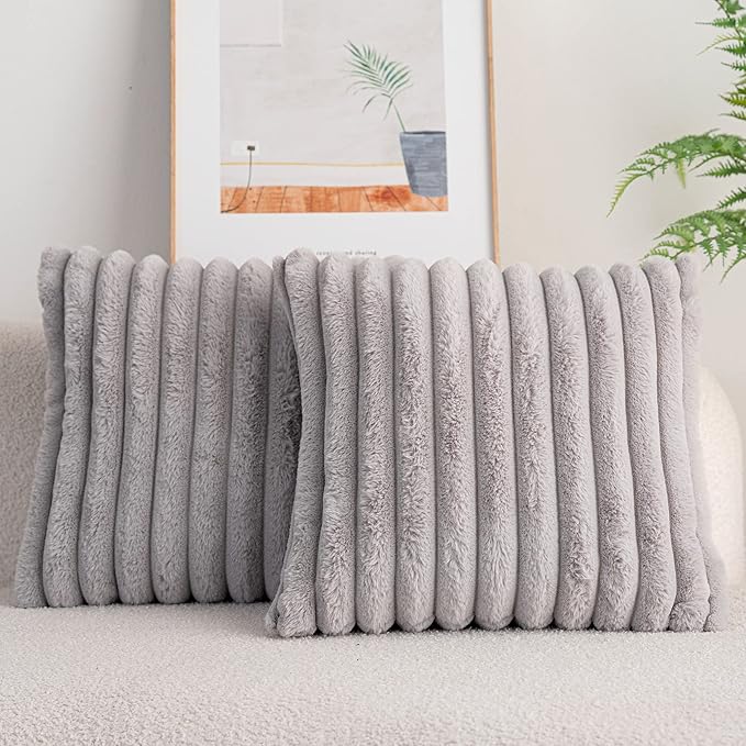 DEELAND Pack of 2,Double-Sided Faux Fur Plush Decorative Throw Pillow Covers Fuzzy Striped Soft Pillowcase Cushion Covers for Sofa Couch Bedroom Lightgrey 20x20 inch